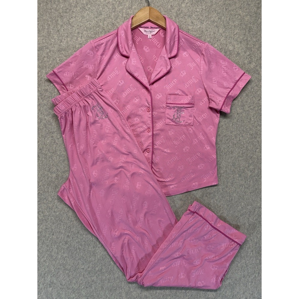 Juicy Couture Y2K Pink Jacquard Pajama Setā Rhinestone Logo Sleepwear Small